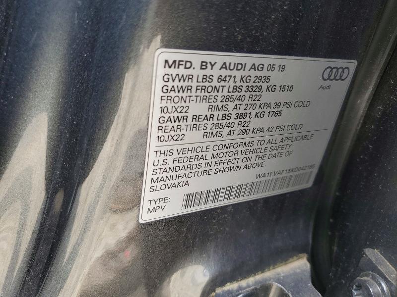 55898756 :رقم المزاد ، WA1EVAF15KD042165 vin ، 2019 Audi Q8 مزاد بيع