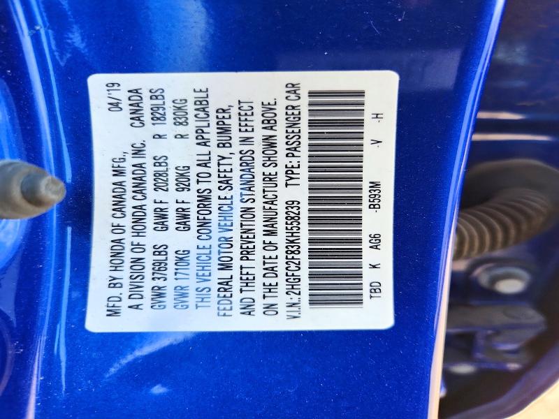 Продажа на аукционе авто 2019 Honda Civic, vin: 2HGFC2F83KH558239, номер лота: 55965366