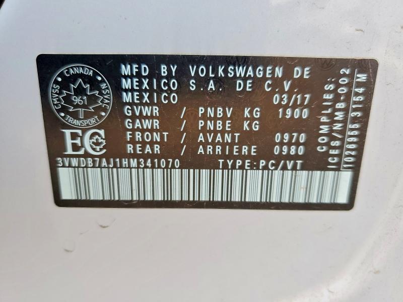 2017 Volkswagen Jetta მანქანა იყიდება აუქციონზე, vin: 3VWDB7AJ1HM341070, აუქციონის ნომერი: 59190856