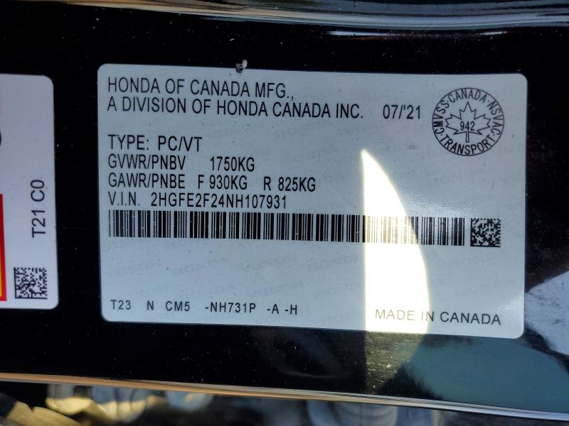 Продажа на аукционе авто 2022 Honda Civic, vin: 2HGFE2F24NH107931, номер лота: 58976766