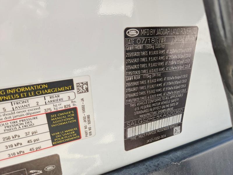 Продаж на аукціоні авто 2019 Land Rover Range Rover, vin: SALGS2RE8KA520360, номер лоту: 58460956