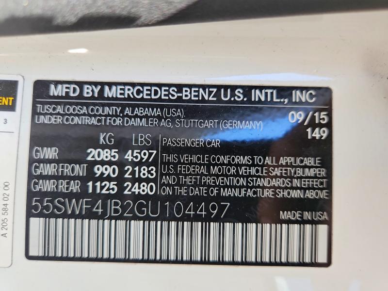 56616136 :رقم المزاد ، 55SWF4JB2GU104497 vin ، 2016 Mercedes-benz C مزاد بيع