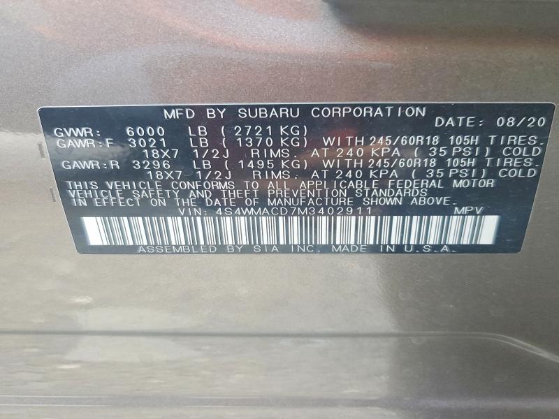 58416036 :رقم المزاد ، 4S4WMACD7M3402911 vin ، 2021 Subaru Ascent مزاد بيع