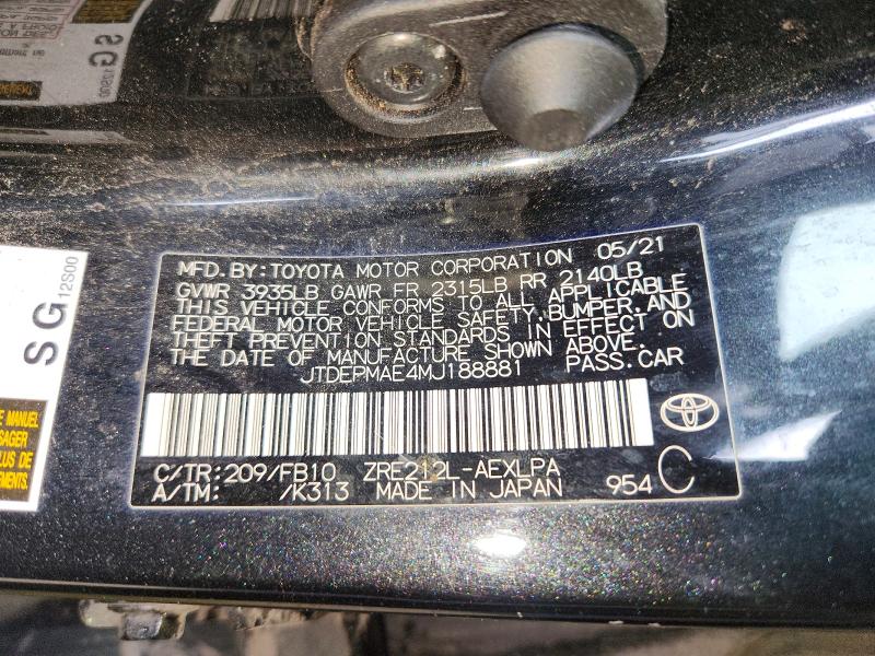 55700786 :رقم المزاد ، JTDEPMAE4MJ188881 vin ، 2021 Toyota Corolla مزاد بيع
