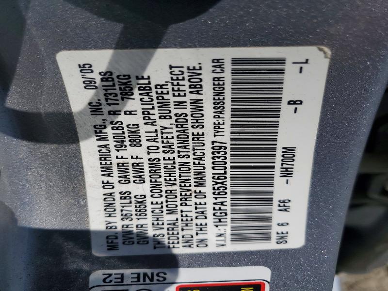 Aukcja sprzedaży 2006 Honda Civic, vin: 1HGFA165X6L003397, numer aukcji: 58233096