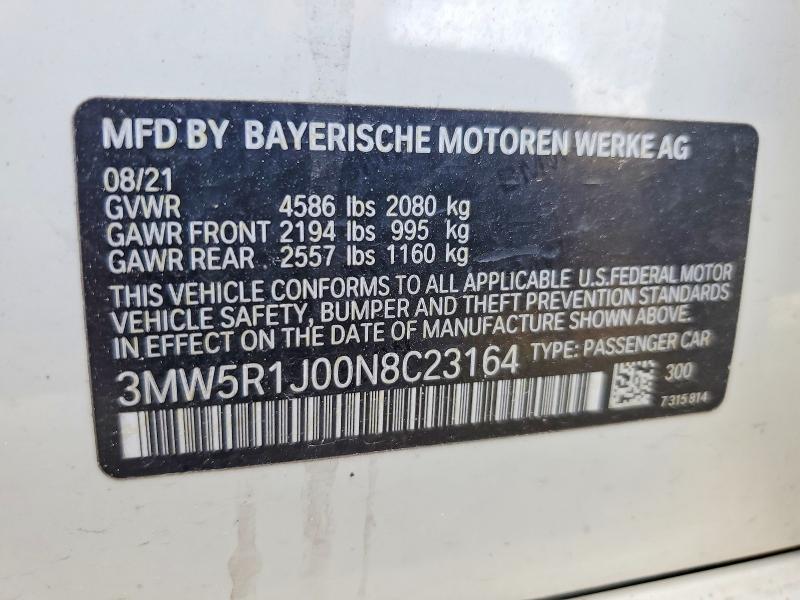 2022 Bmw 330i მანქანა იყიდება აუქციონზე, vin: 3MW5R1J00N8C23164, აუქციონის ნომერი: 79134985