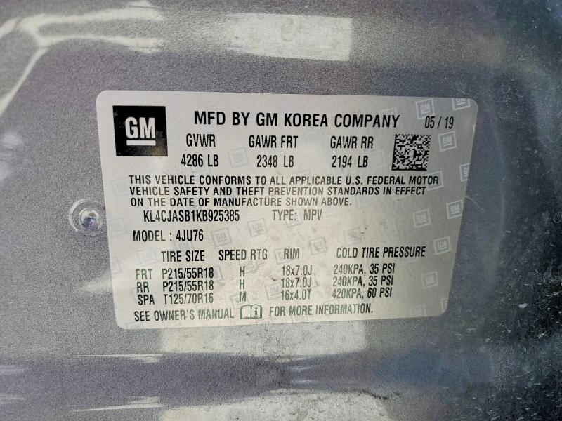 2019 Buick Encore მანქანა იყიდება აუქციონზე, vin: KL4CJASB1KB925385, აუქციონის ნომერი: 56270106