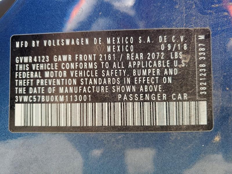57327456 :رقم المزاد ، 3VWC57BU0KM113001 vin ، 2019 Volkswagen Jetta مزاد بيع