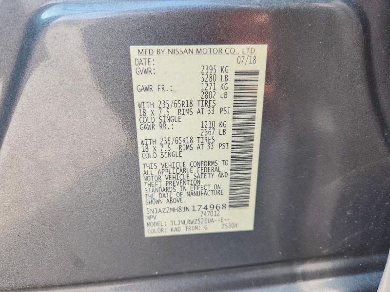 2018 Nissan Murano მანქანა იყიდება აუქციონზე, vin: 5N1AZ2MH8JN174968, აუქციონის ნომერი: 55710756