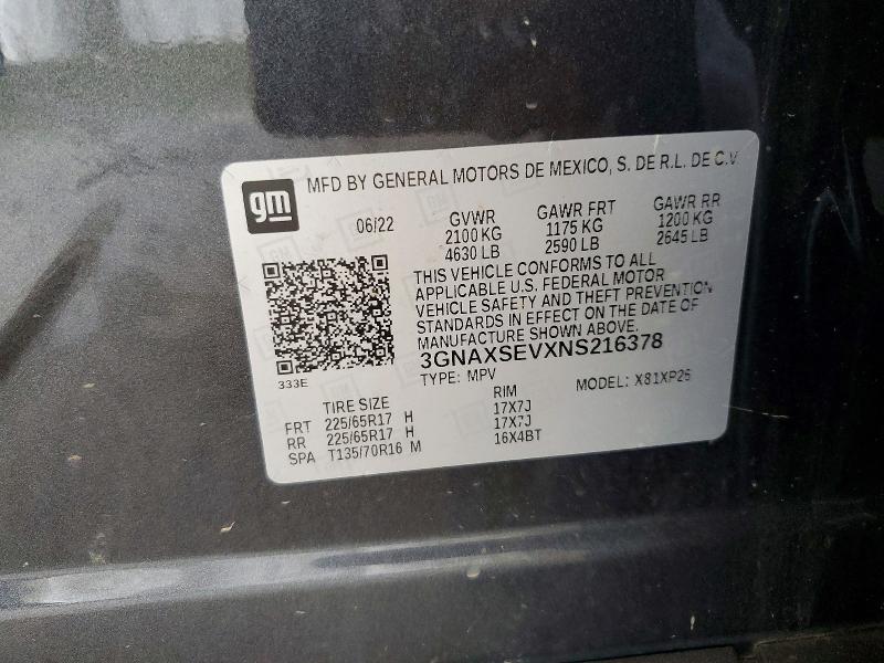 2022 Chevrolet Equinox მანქანა იყიდება აუქციონზე, vin: 3GNAXSEVXNS216378, აუქციონის ნომერი: 55904416