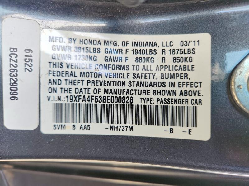 59348576 :رقم المزاد ، 19XFA4F53BE000828 vin ، 2011 Honda Civic مزاد بيع