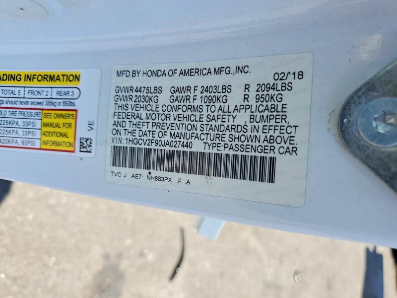 Продаж на аукціоні авто 2018 Honda Accord, vin: 1HGCV2F90JA027440, номер лоту: 59016686