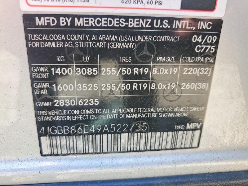 58487666 :رقم المزاد ، 4JGBB86E49A522735 vin ، 2009 Mercedes-benz Ml مزاد بيع
