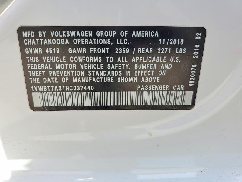 2017 Volkswagen Passat მანქანა იყიდება აუქციონზე, vin: 1VWBT7A31HC037440, აუქციონის ნომერი: 55431546