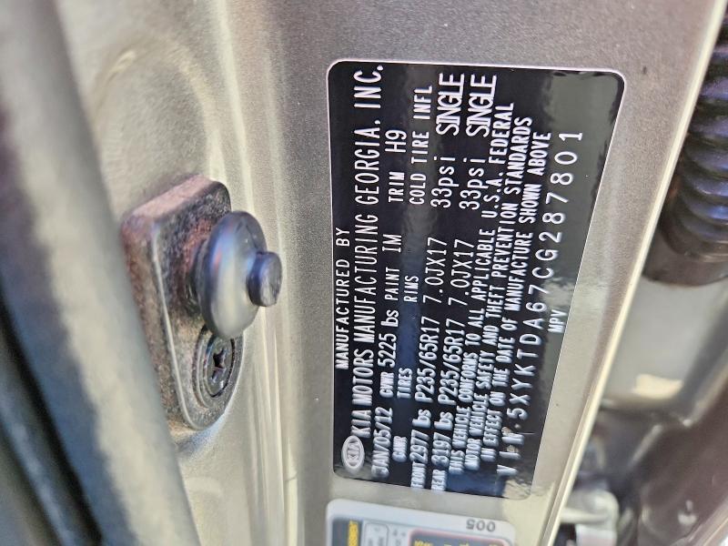 2012 Kia Sorento მანქანა იყიდება აუქციონზე, vin: 5XYKTDA67CG287801, აუქციონის ნომერი: 57056666