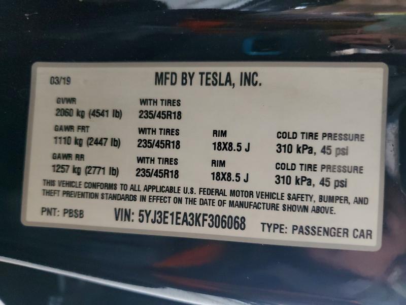 2019 Tesla Model 3 მანქანა იყიდება აუქციონზე, vin: 5YJ3E1EA3KF306068, აუქციონის ნომერი: 58124176