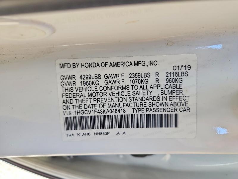 Aukcja sprzedaży 2019 Honda Accord, vin: 1HGCV1F43KA046418, numer aukcji: 56356336