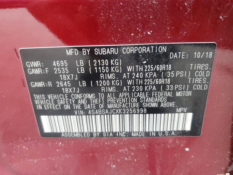 Aukcja sprzedaży 2019 Subaru Outback, vin: 4S4BSAJCXK3256998, numer aukcji: 56323666