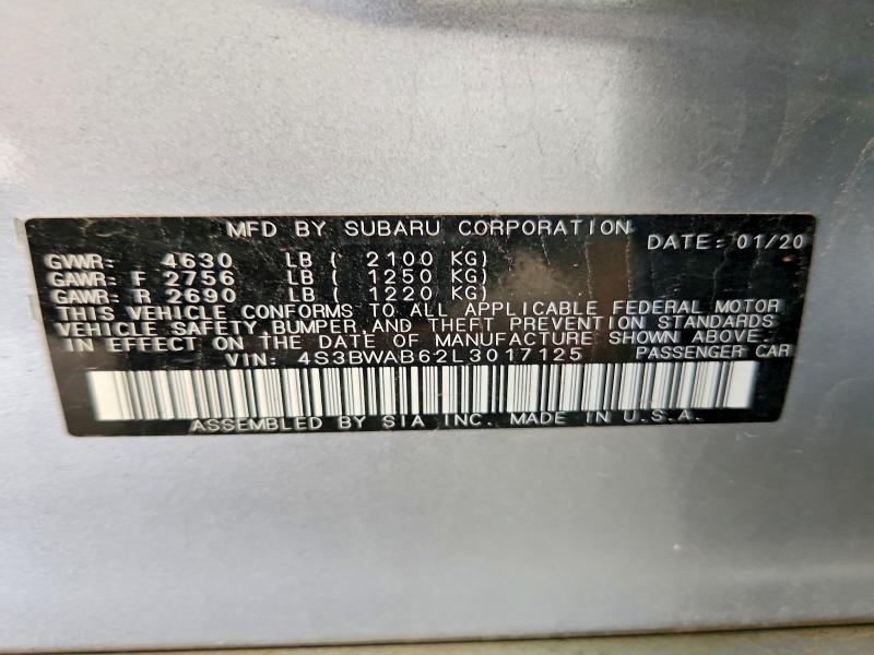 58579486 :رقم المزاد ، 4S3BWAB62L3017125 vin ، 2020 Subaru Legacy مزاد بيع