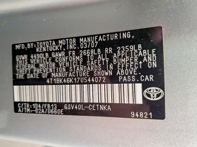 Продажа на аукционе авто 2007 Toyota Camry, vin: 4T1BK46K17U544072, номер лота: 55800546