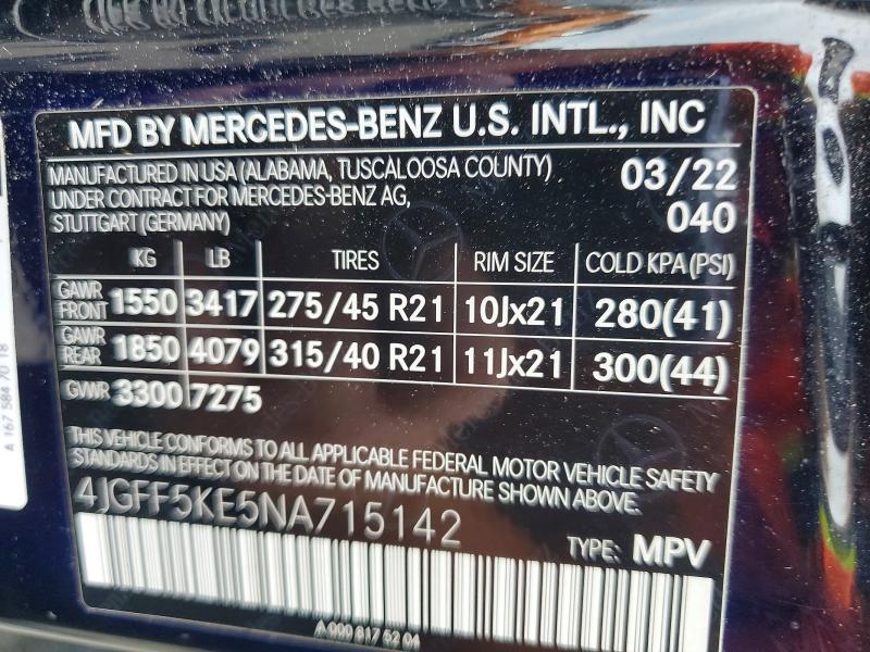 56110296 :رقم المزاد ، 4JGFF5KE5NA715142 vin ، 2022 Mercedes-benz Gls مزاد بيع