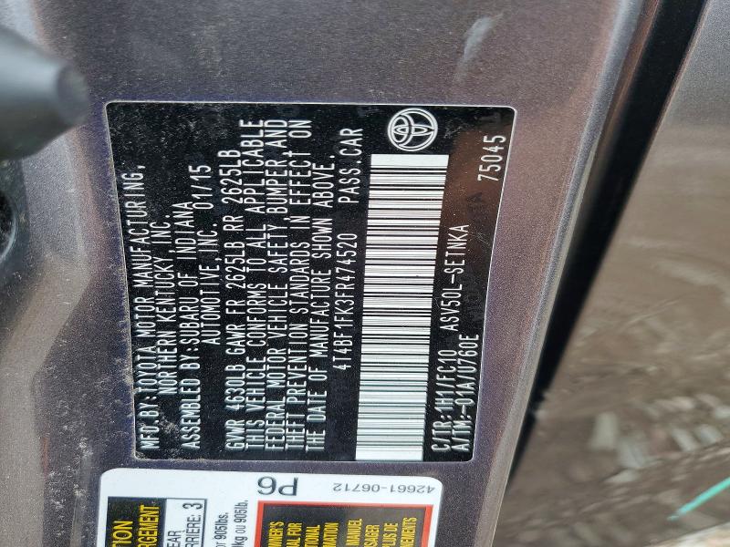 2015 Toyota Camry მანქანა იყიდება აუქციონზე, vin: 4T4BF1FK3FR474520, აუქციონის ნომერი: 56274976