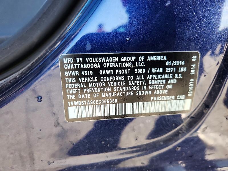 56084236 :رقم المزاد ، 1VWBS7A30EC065339 vin ، 2014 Volkswagen Passat مزاد بيع