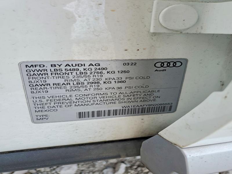 Aukcja sprzedaży 2022 Audi Q5, vin: WA1EAAFY8N2085553, numer aukcji: 57896666