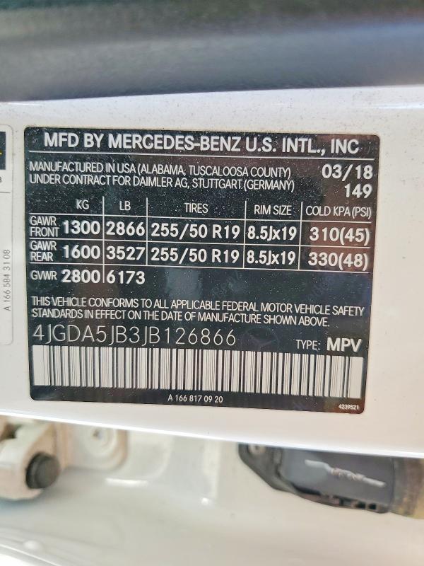 2018 Mercedes-benz Gle მანქანა იყიდება აუქციონზე, vin: 4JGDA5JB3JB126866, აუქციონის ნომერი: 55838046