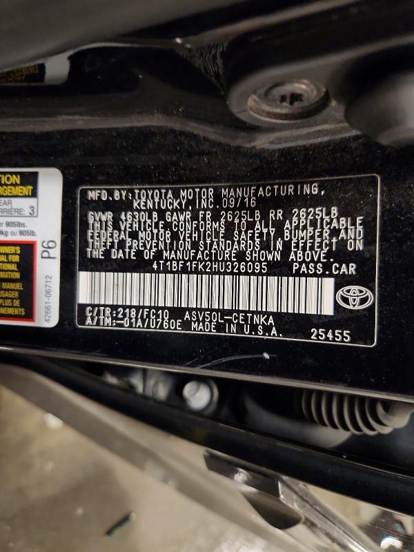 Auction sale of the 2017 Toyota Camry, vin: 4T1BF1FK2HU326095, lot number: 57129546