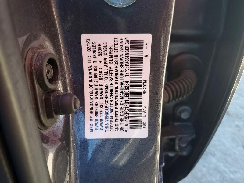 Продаж на аукціоні авто 2020 Honda Civic, vin: 19XFC1F31LE008354, номер лоту: 57478826