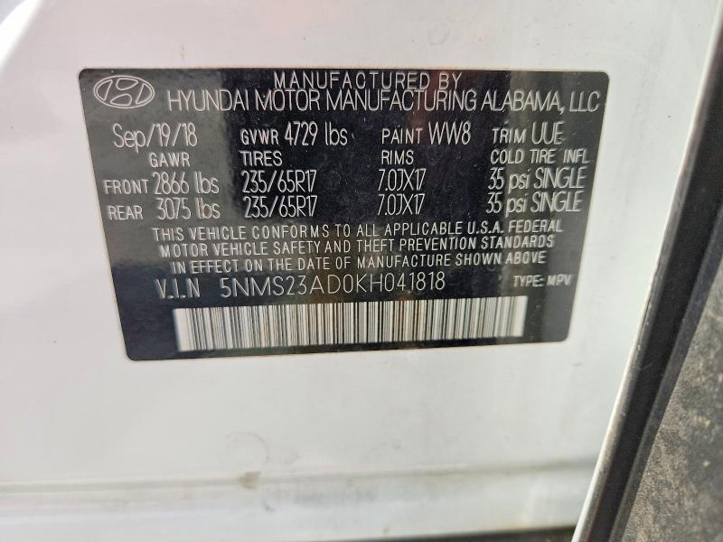 Продаж на аукціоні авто 2019 Hyundai Santa Fe, vin: 5NMS23AD0KH041818, номер лоту: 57217026