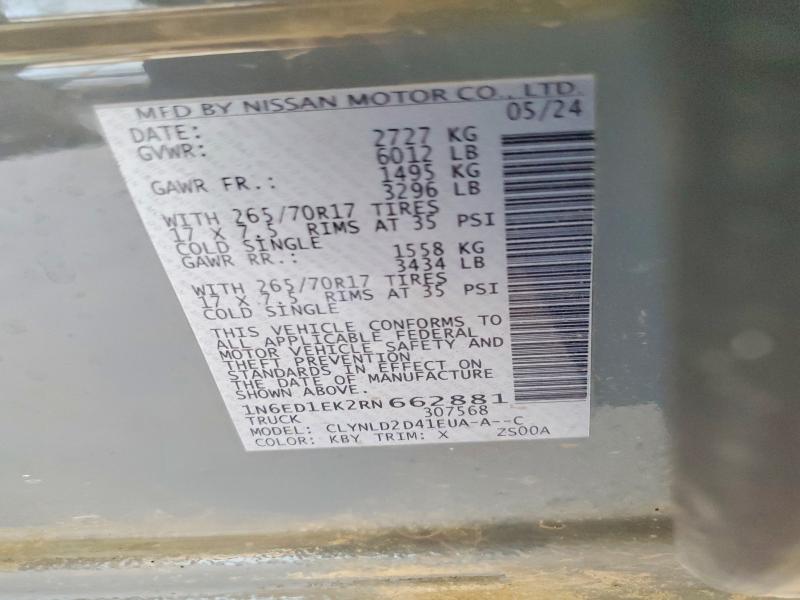 2024 Nissan Frontier მანქანა იყიდება აუქციონზე, vin: 1N6ED1EK2RN662881, აუქციონის ნომერი: 57656236