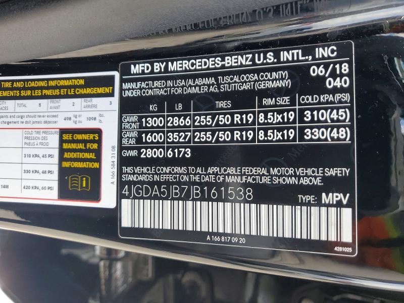 2018 Mercedes-benz Gle მანქანა იყიდება აუქციონზე, vin: 4JGDA5JB7JB161538, აუქციონის ნომერი: 55624216