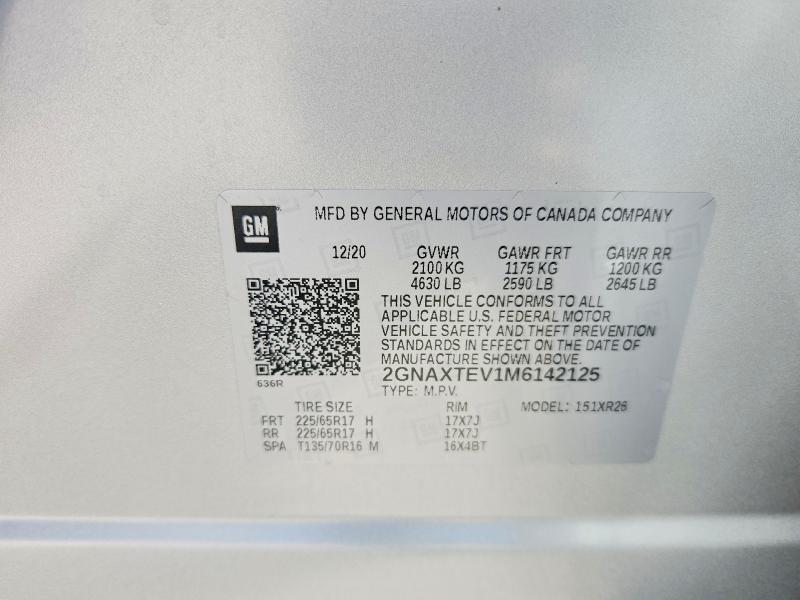 2021 Chevrolet Equinox მანქანა იყიდება აუქციონზე, vin: 2GNAXTEV1M6142125, აუქციონის ნომერი: 57029176
