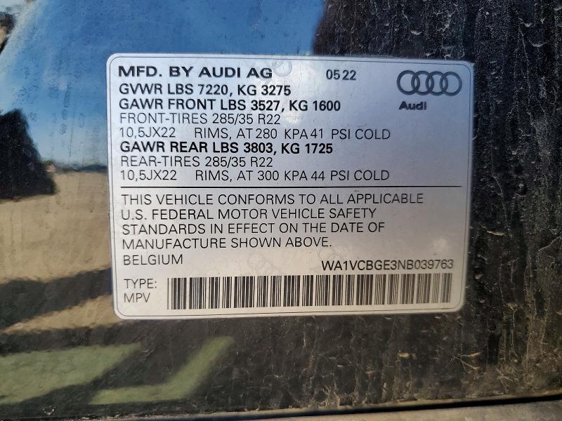 2022 Audi E-tron S მანქანა იყიდება აუქციონზე, vin: WA1VCBGE3NB039763, აუქციონის ნომერი: 56596386