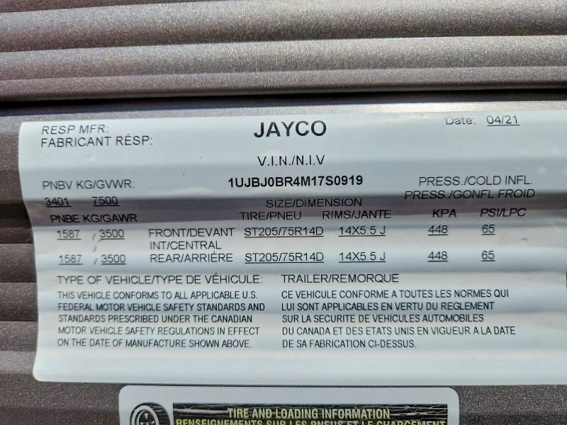 2021 Jayco Jay Flight Slx მანქანა იყიდება აუქციონზე, vin: 1UJBJ0BR4M17S0919, აუქციონის ნომერი: 56865126