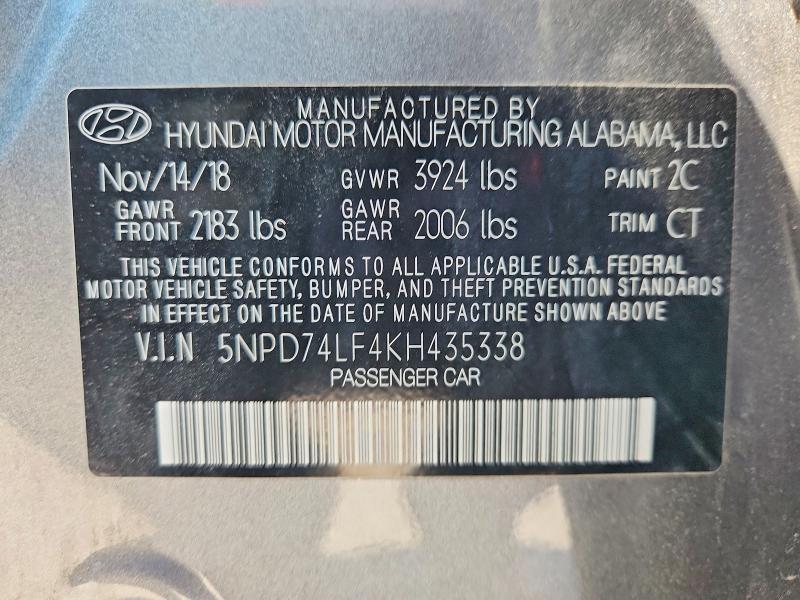2019 Hyundai Elantra მანქანა იყიდება აუქციონზე, vin: 5NPD74LF4KH435338, აუქციონის ნომერი: 57570756