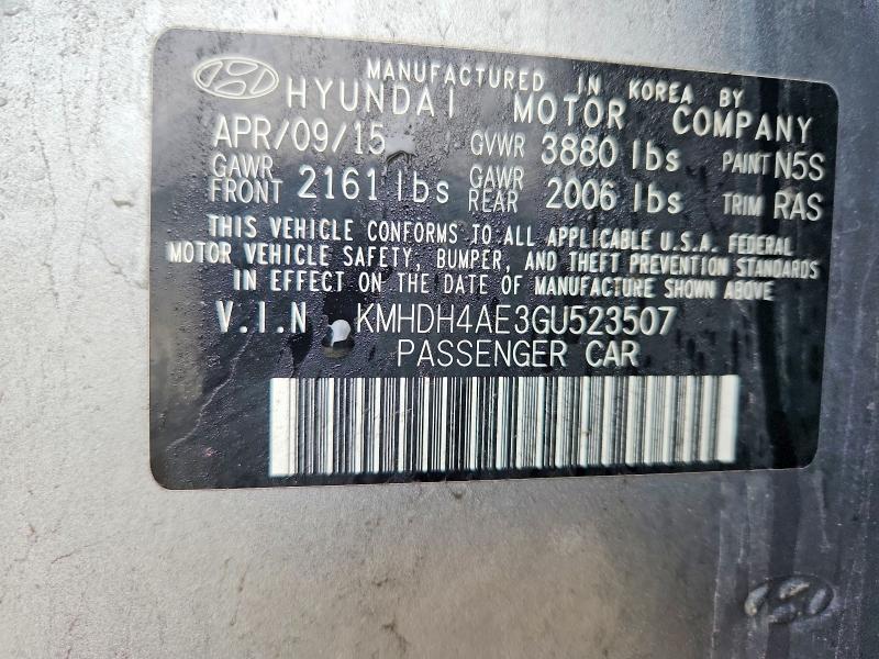 2016 Hyundai Elantra მანქანა იყიდება აუქციონზე, vin: KMHDH4AE3GU523507, აუქციონის ნომერი: 56335286