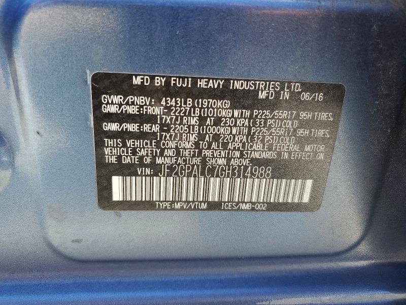 Aukcja sprzedaży 2016 Subaru Crosstrek, vin: JF2GPALC7GH314988, numer aukcji: 57921356