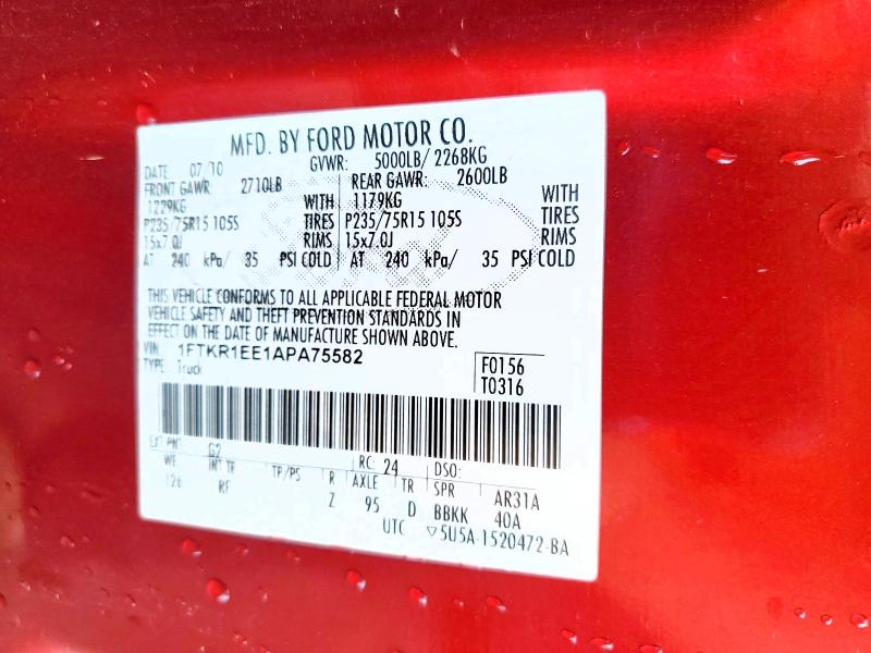 2010 Ford Ranger მანქანა იყიდება აუქციონზე, vin: 1FTKR1EE1APA75582, აუქციონის ნომერი: 55620306