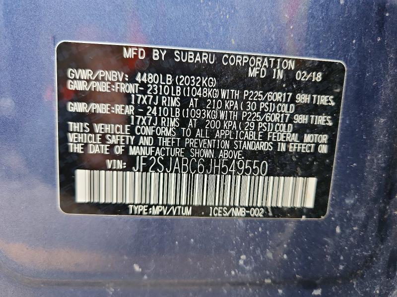 58631836 :رقم المزاد ، JF2SJABC6JH549550 vin ، 2018 Subaru Forester مزاد بيع
