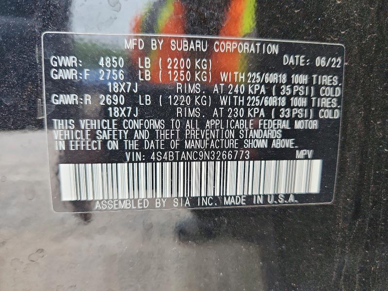2022 Subaru Outback მანქანა იყიდება აუქციონზე, vin: 4S4BTANC9N3266773, აუქციონის ნომერი: 57889536