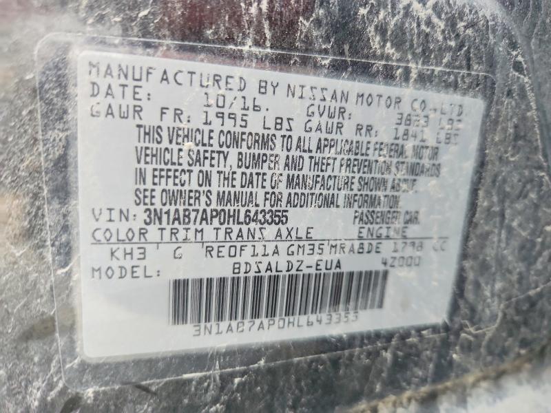 2017 Nissan Sentra მანქანა იყიდება აუქციონზე, vin: 3N1AB7AP0HL643355, აუქციონის ნომერი: 56123276