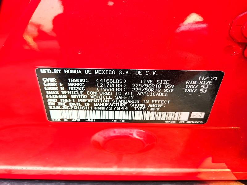 58706306 :رقم المزاد ، 3CZRU6H14NM727944 vin ، 2022 Honda Hr-v مزاد بيع