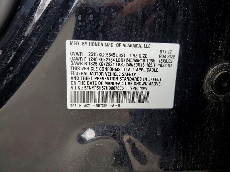 Продаж на аукціоні авто 2017 Honda Pilot, vin: 5FNYF5H57HB007605, номер лоту: 56178086