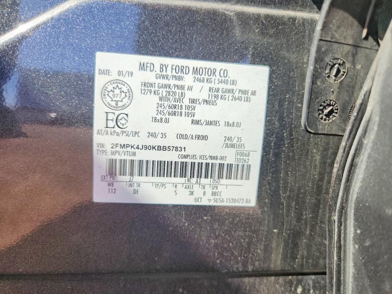 2019 Ford Edge მანქანა იყიდება აუქციონზე, vin: 2FMPK4J90KBB57831, აუქციონის ნომერი: 55109156