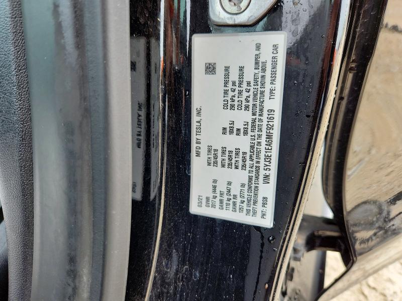 2021 Tesla Model 3 მანქანა იყიდება აუქციონზე, vin: 5YJ3E1EA6MF921619, აუქციონის ნომერი: 57255866