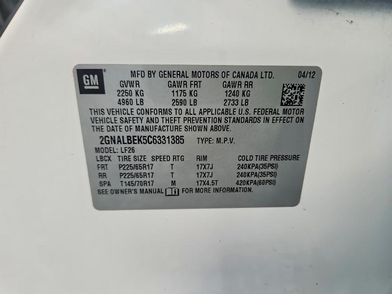 Aukcja sprzedaży 2012 Chevrolet Equinox, vin: 2GNALBEK5C6331385, numer aukcji: 57562206