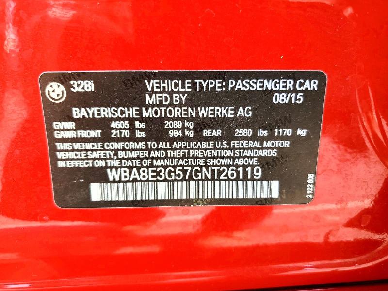 2016 Bmw 328 მანქანა იყიდება აუქციონზე, vin: WBA8E3G57GNT26119, აუქციონის ნომერი: 56579846